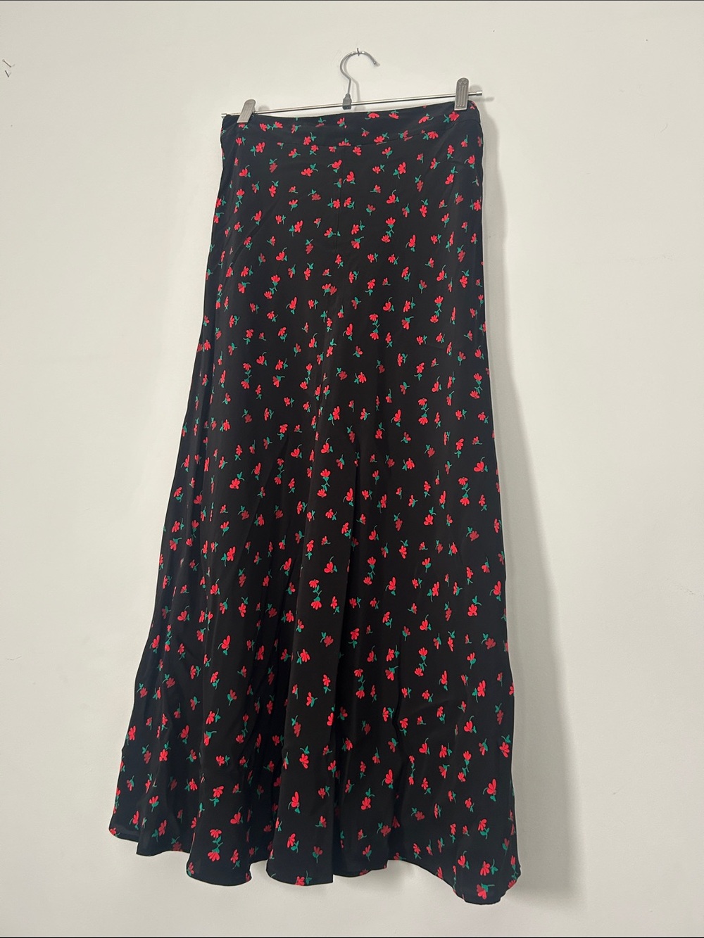 Zara Black Maxi Skirt with Red and Green Floral Sprigs